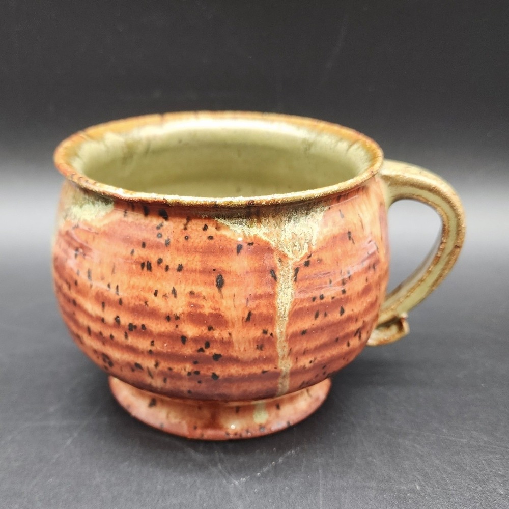 Studio Pottery Brown Orange Tan Handcrafted Mug Signed MR 18 Rustic Boho Artisan